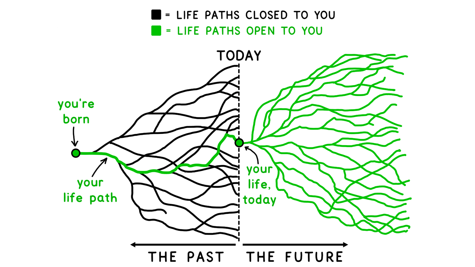 Life paths diagram showing past and future paths branching from today's nervous system state
